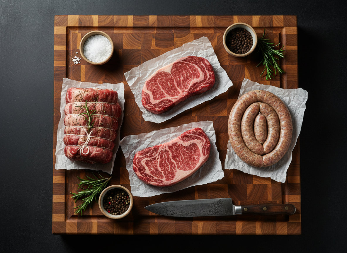 An overhead photographic view of a butcher’s cutting block made of thick end-grain wood, laid out with meticulously arranged farm-raised meat cuts: marbled steaks, neatly tied roasts, and prepared sausage links, each resting on clean butcher paper. Around the edges, small ceramic bowls hold coarse salt, cracked pepper, and fresh rosemary sprigs, while a heavy chef’s knife lies parallel to the board. The background is a dark, matte countertop that contrasts with the rich reds and pale marbling of the meat. Soft, directional studio lighting from one side creates gentle shadows and defined textures without being dramatic. The composition is carefully balanced and professional, evoking trust, quality, and farm-to-table craftsmanship in photographic realism.