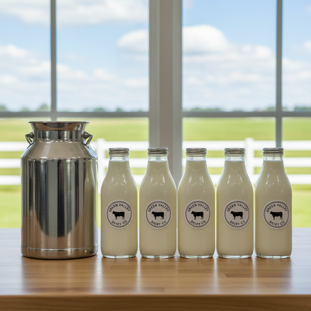 A polished stainless steel milk churn and a row of clear glass milk bottles filled with creamy white farm-fresh milk, each bottle capped and labeled with a simple, elegant farm logo, arranged on a smooth wooden counter inside a tidy dairy room. Behind them, a large spotless window reveals a distant green pasture and white fencing in soft focus. Bright natural daylight streams through the window, creating crisp reflections on the metal churn and subtle highlights along the curved glass surfaces. The scene is captured at eye level with a centered composition and sharp focus throughout, conveying a professional, sanitary, and trustworthy farm dairy operation in realistic, high-resolution photographic style.