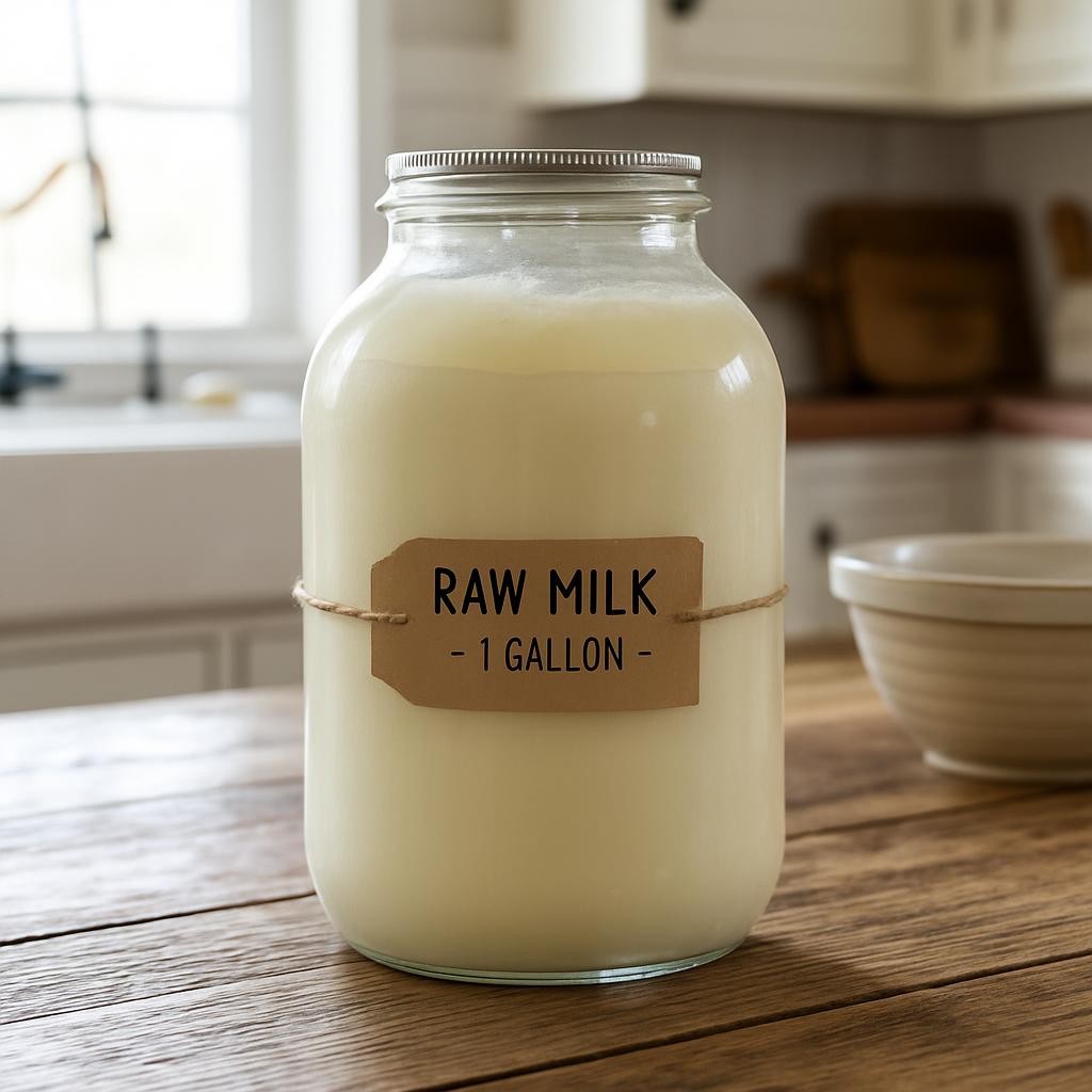 Gallon glass jar labeled raw milk from grass-fed cows on wooden table