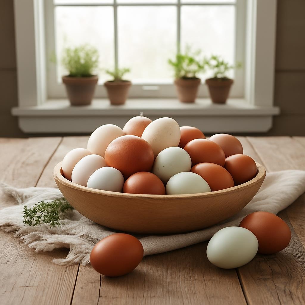 Assorted brown, white, blue, and speckled eggs in a wooden bowl on a rustic table